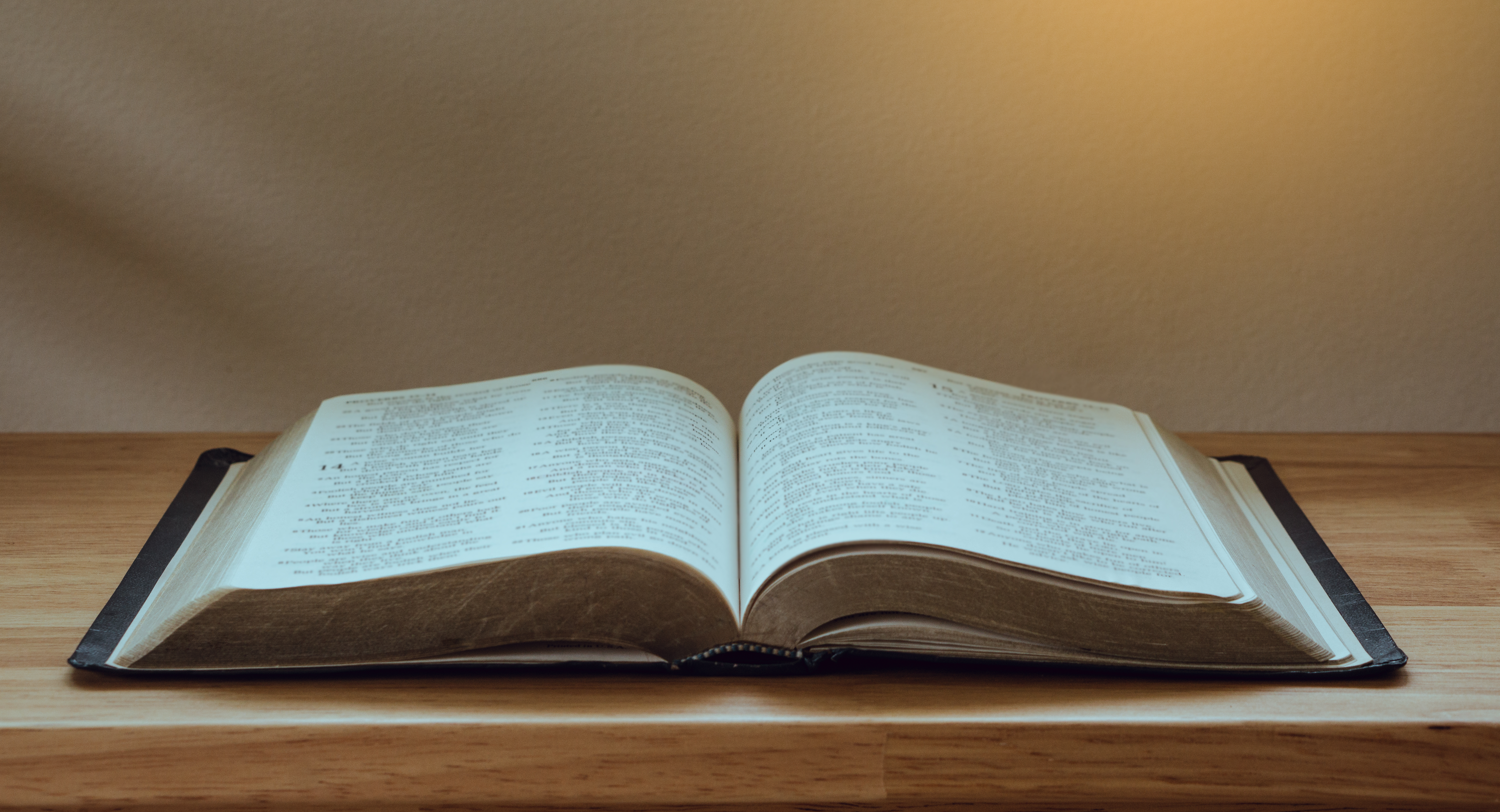 Open Bible on a wood table with light from window.